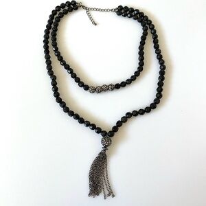 1 Necklace Black Acrylic Beads Strands Tussle Flapper Gunmetal Tone 18”-24”+3”
